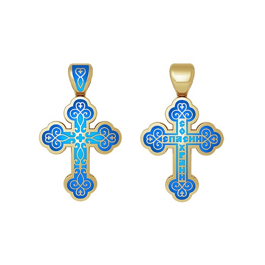 Крест "Спаси и сохрани" № 19.010 голубая эмаль, серебро 925° с позолотой