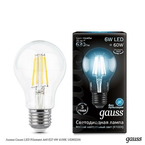  Gauss Лампа Gauss LED Filament A60 E27 6W 4100К 102802206