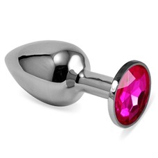 Серебристая анальная втулка с малиновым кристаллом - 7 см.