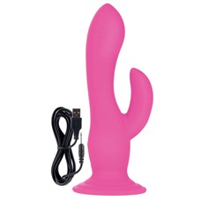 Розовый двухголовый вибратор-насадка Rechargeable Love Rider Wireless Pleaser - 19 см.