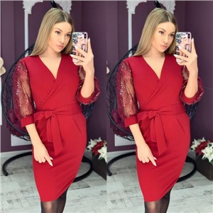 Платье с поясом крепун рукава гипюр red wine H112